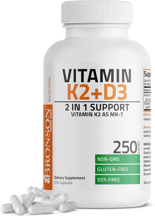 Bronson Vitamin K2 D3 (MK7) Supplement Non-GMO Formula Vitamin D3 5000IU (125 mcg) & 90 mcg K2 MK-7, Easy to Swallow D & K Complex, 60 Capsules