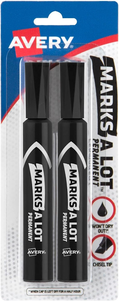 Avery Marks-A-Lot Permanent Markers, Regular Desk-Style Size, Chisel Tip, Water and Wear Resistant, 2 Black Markers (07888)
